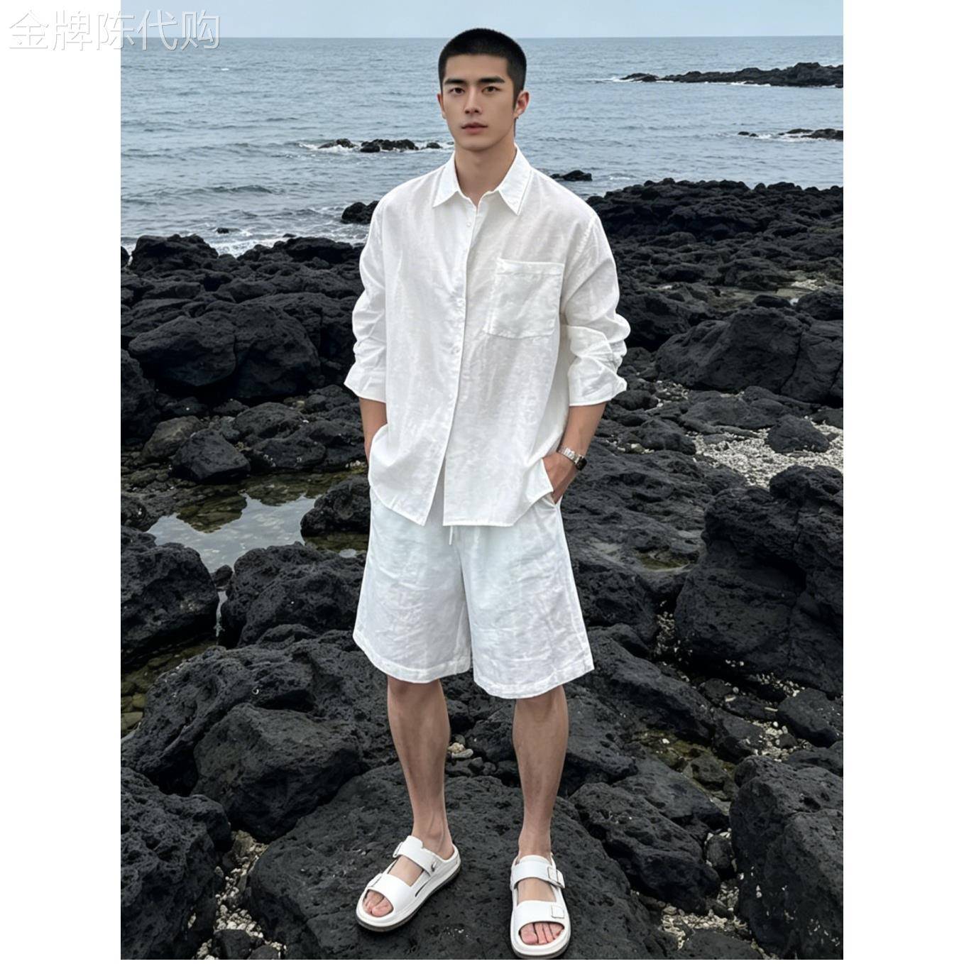 潮牌休闲夏日穿搭套装男款老钱风亚麻套装薄款长袖衬衫搭配短裤子