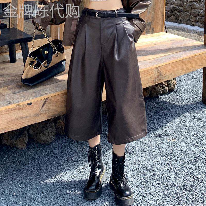 咖色阔腿皮裤女2025年秋季新款高腰宽松显瘦七分小个子休闲裤中裤