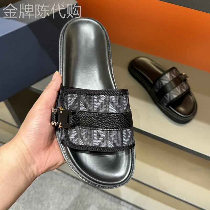 韩国专柜高端潮牌拖鞋男真皮印花外穿一字拖奢侈品夏季软底凉鞋男