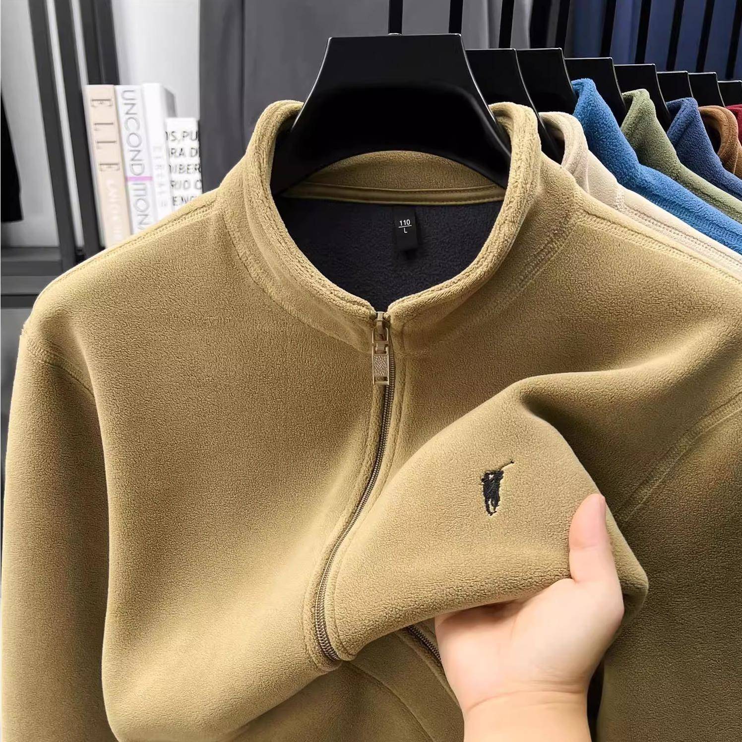 高端刺绣摇粒绒外套男士秋冬新款加绒拉链开衫卫衣双面绒立领夹克