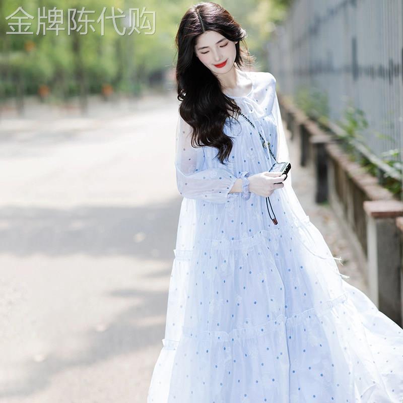 法式气质波点长袖洋装女2026春季新款超好看独特漂亮雪纺长裙子
