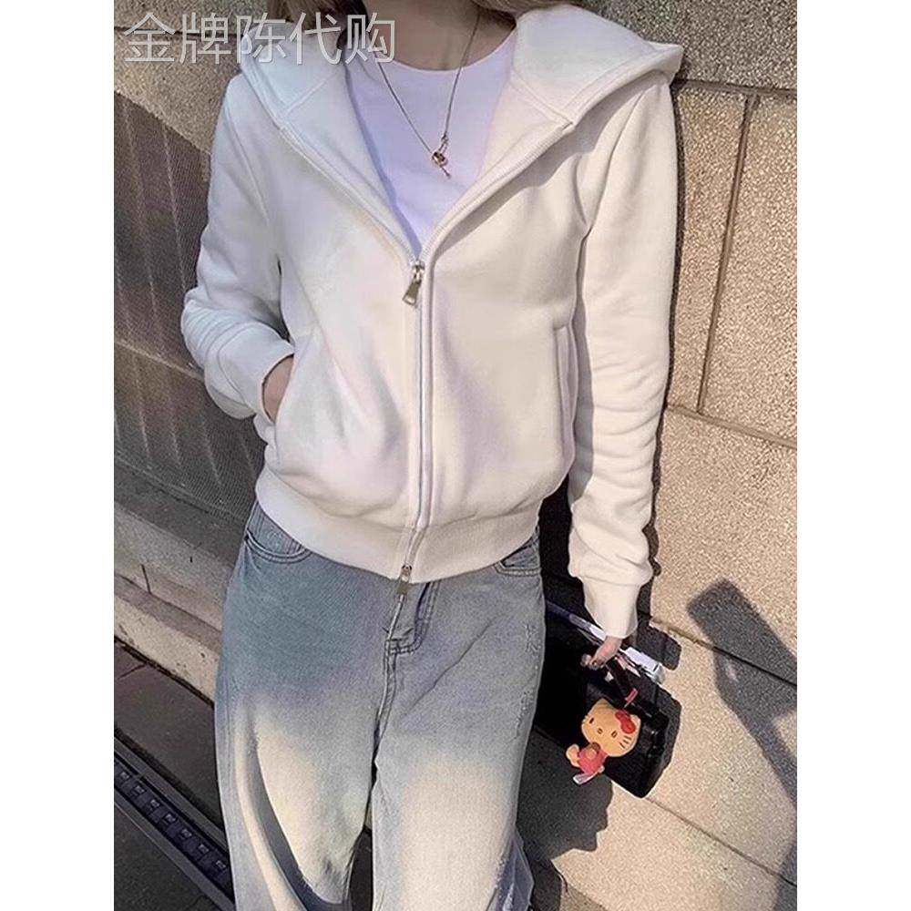 白色连帽卫衣外套女春秋2025新款慵懒风韩版短款双拉炼开衫上衣潮