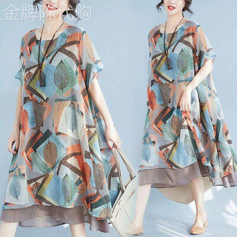 夏季短袖连衣裙女2025新款宽松大码胖MM显瘦女士印花雪纺中长裙薄