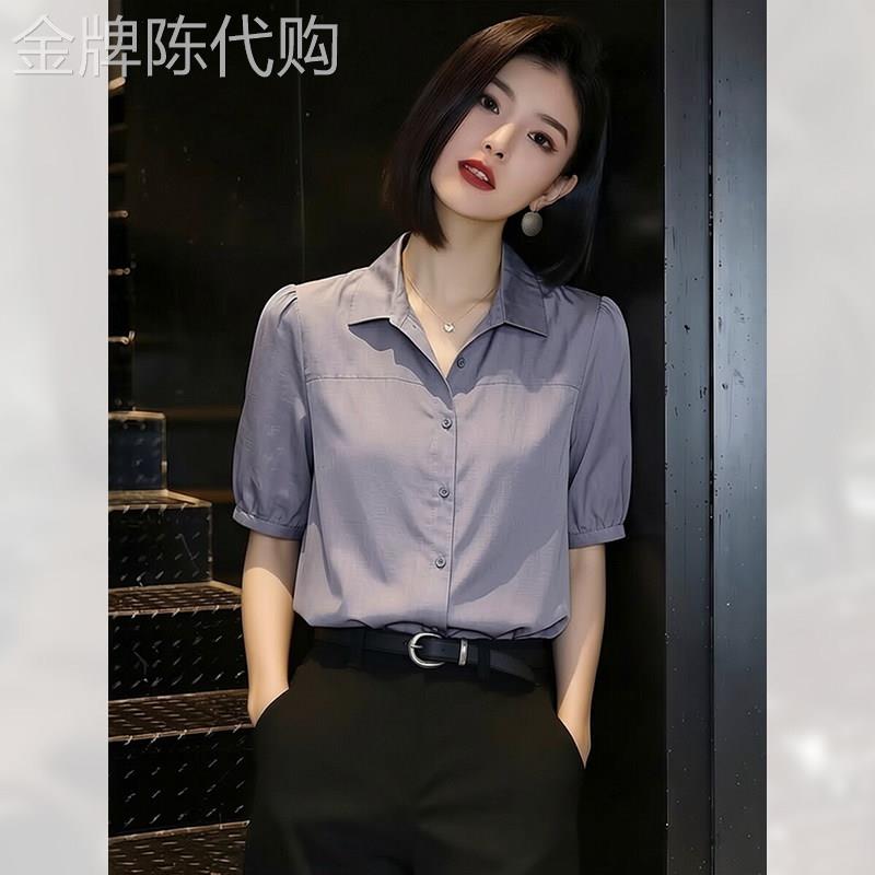 减龄独特紫色短袖衬衫女装夏季2026年新款Polo领上衣显瘦小衫气质
