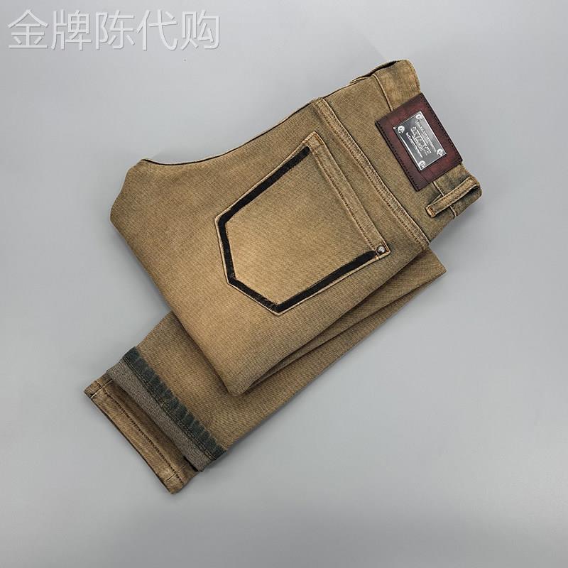 高端欧货男士手绘牛仔裤春秋款高级感时尚浅金色修身弹力小脚长裤