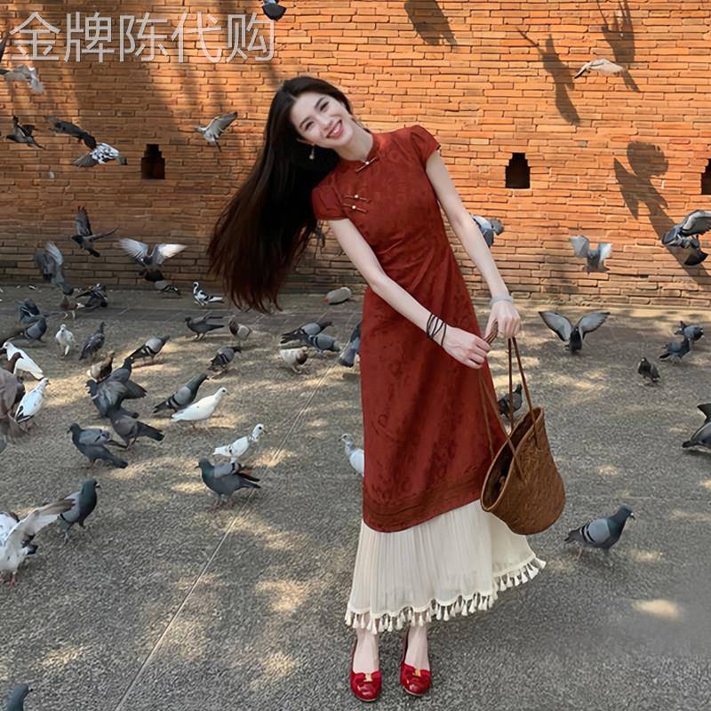 欧洲站高级感新中式红色假两件短袖连衣裙改良旗袍女气质流苏拼接