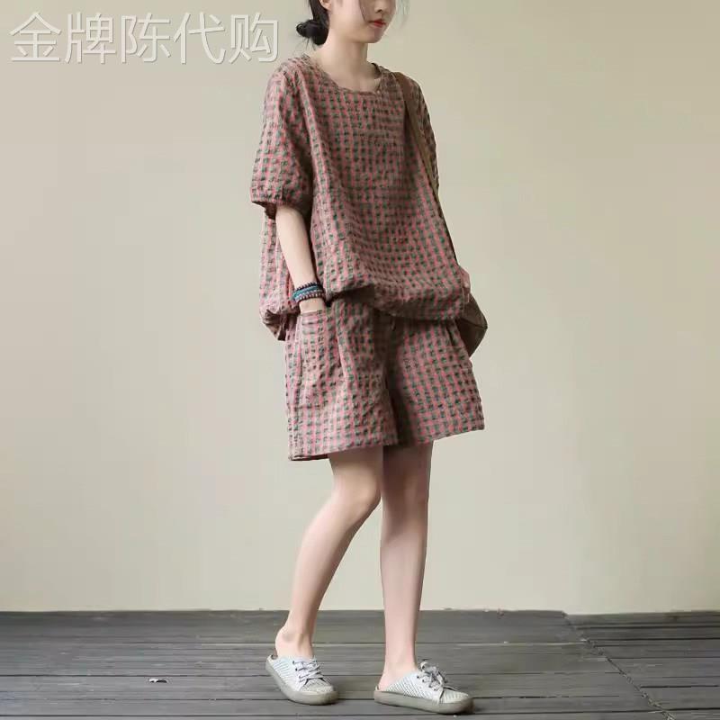 夏季套装女薄款2026新款格子短袖t恤阔腿短裤休闲时尚洋气两件套