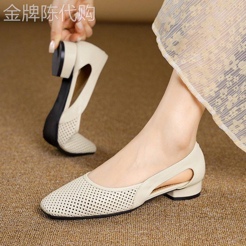 法式镂空洞洞单鞋女2026夏季新款百搭软底粗跟包头罗马妈妈凉鞋