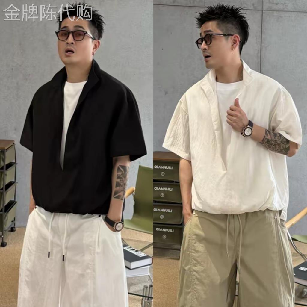 潮牌夏季新款假两件短袖衬衫男士宽松百搭立领老钱风时尚T恤上衣