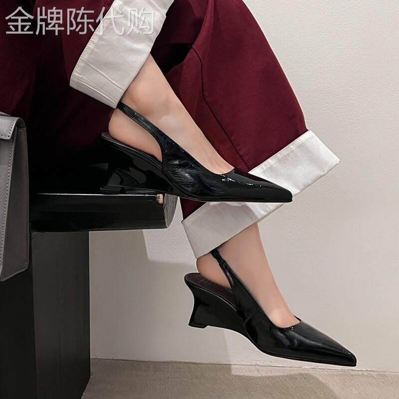 长腿女神~法式坡跟包头凉鞋女夏季2026新款尖头后空浅口高跟鞋子