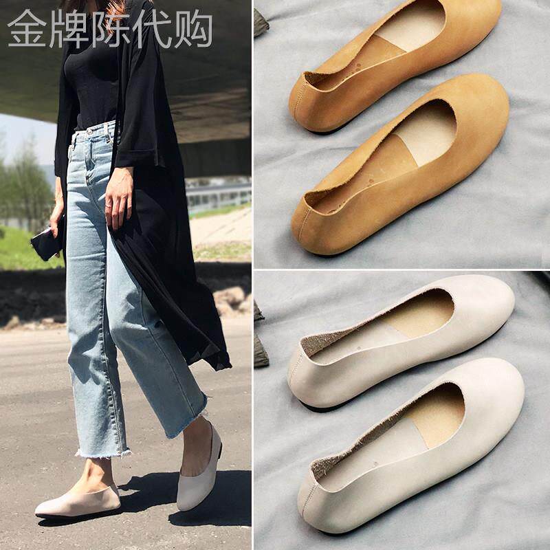 复古浅口单鞋女2026新款春秋真皮一脚蹬平底软底奶奶鞋子四季瓢鞋