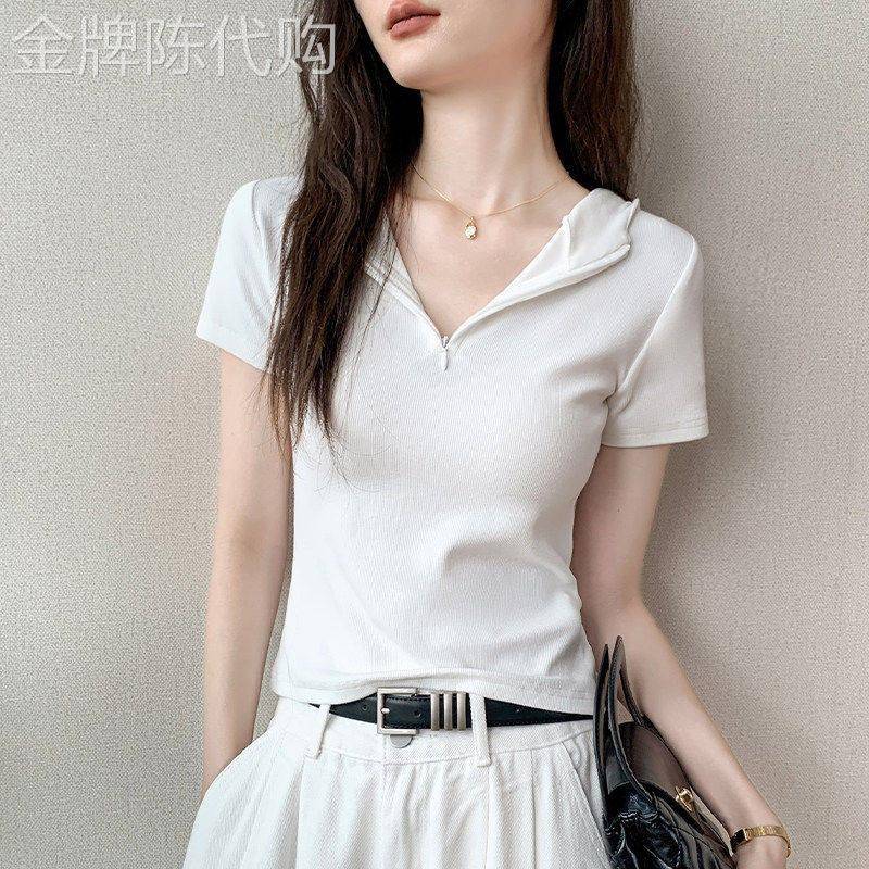 连帽短袖T恤女2026夏季新款拉链修身显瘦小个子简约百搭白色上衣