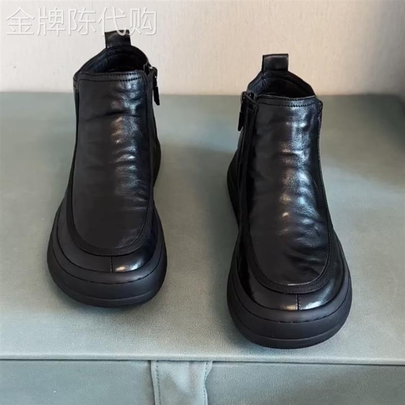 香港潮牌秋季头层牛皮休闲板鞋新款高帮男士黑色透气韩版休闲皮鞋