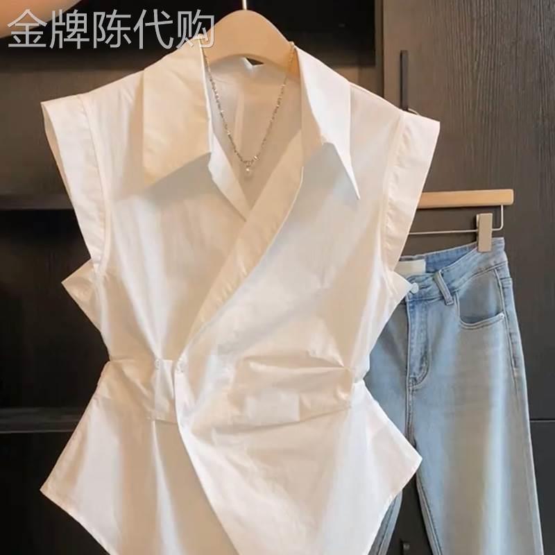 法式无袖衬衫女夏季2026年新款高级感气质褶皱收腰短款1/4吋套筒