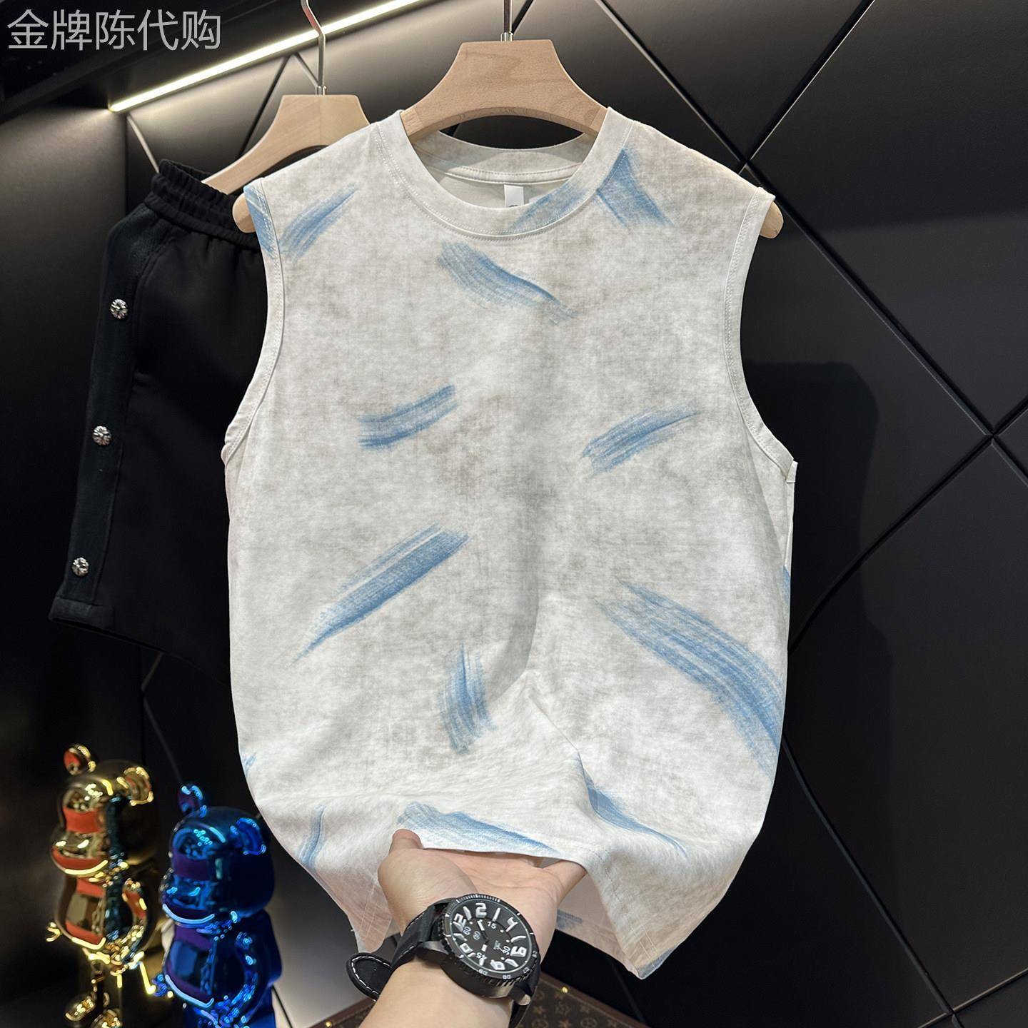 Mostarsea~扎染无袖背心男夏季新款潮牌宽松休闲百搭坎肩运动上衣