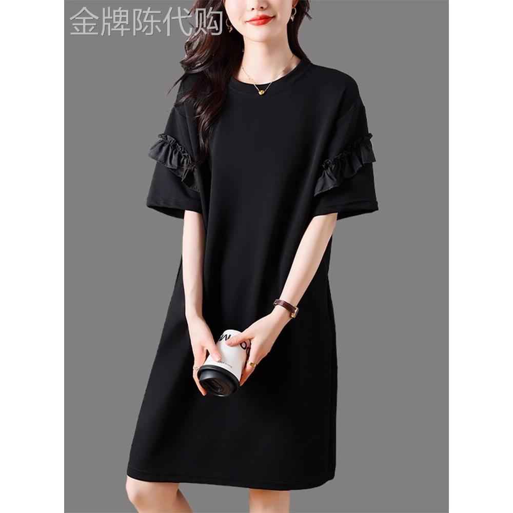 法式木耳边短袖T恤裙子女夏季赫本风小黑裙大码中长款高端连衣裙