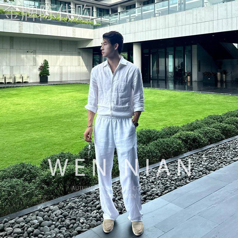 韩国WEN NIAN老钱风亚麻衬衫休闲裤套装男2026春夏季新款长袖衬衣