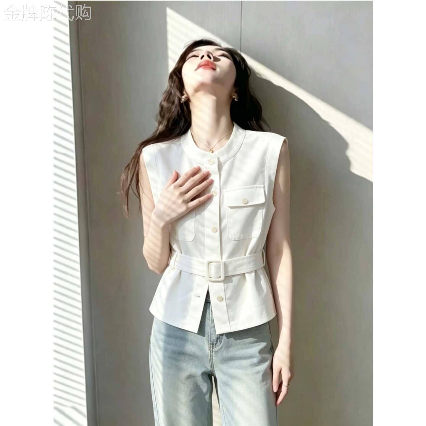 白色带腰带收腰衬衫马甲女夏薄款设计感气质显瘦通勤短袖开襟外套