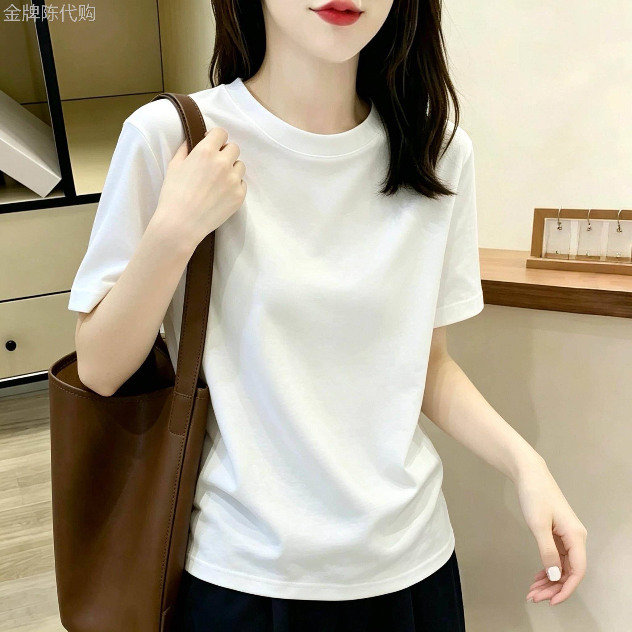 白色极简风正肩夏季短袖T恤女薄款时尚韩系宽松显瘦百搭上衣潮ins