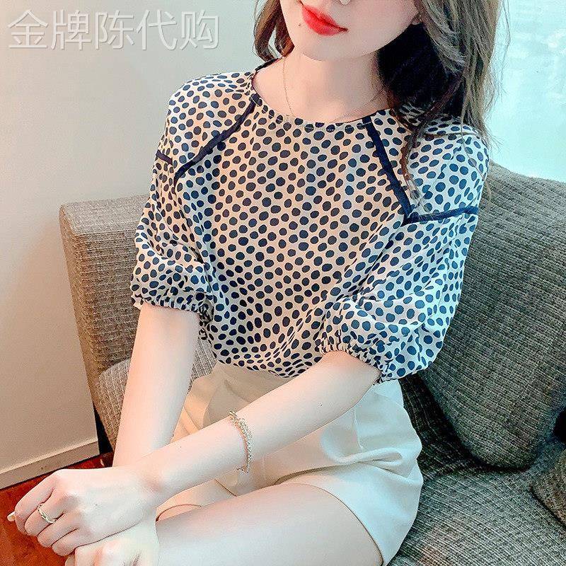 雪纺衫女夏季2026新款宽松显瘦洋派短袖t恤时尚波点泡泡袖上衣女