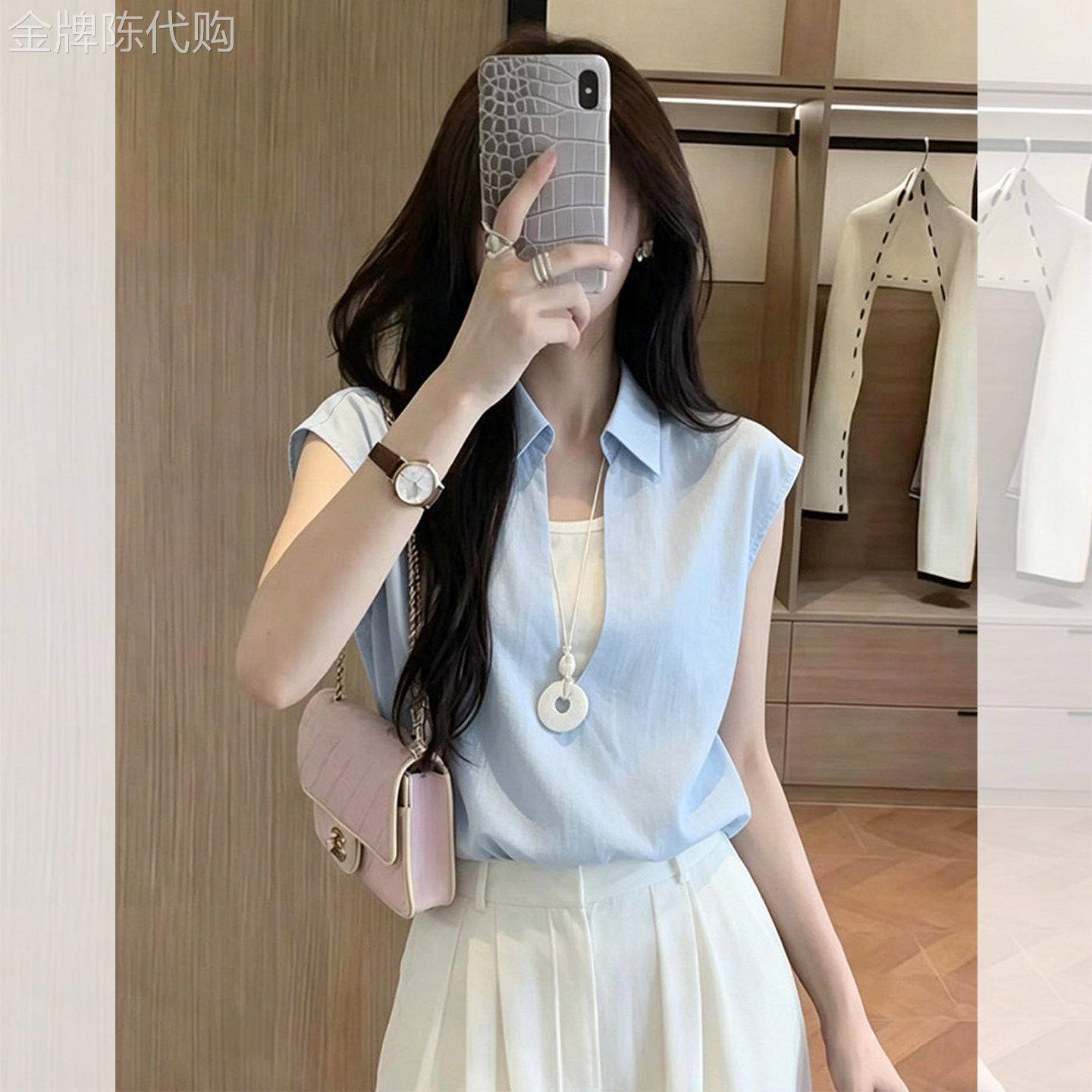 假两件翻领无袖衬衫衬衫女夏季气质显瘦薄韩系温柔风漂亮宽松上衣