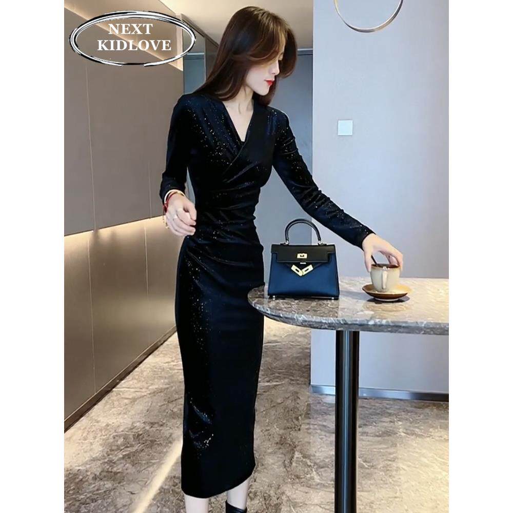 香港欧洲轻成熟风格法国v领丝绒连衣裙修身look开衩盖臀下摆长裙