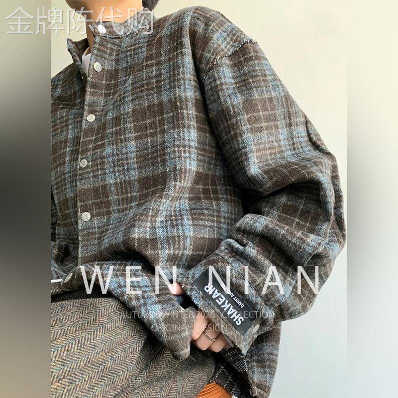韩国WEN NIAN法兰绒格子衬衫男2026春季长袖衬衣cleanfit呢料外套