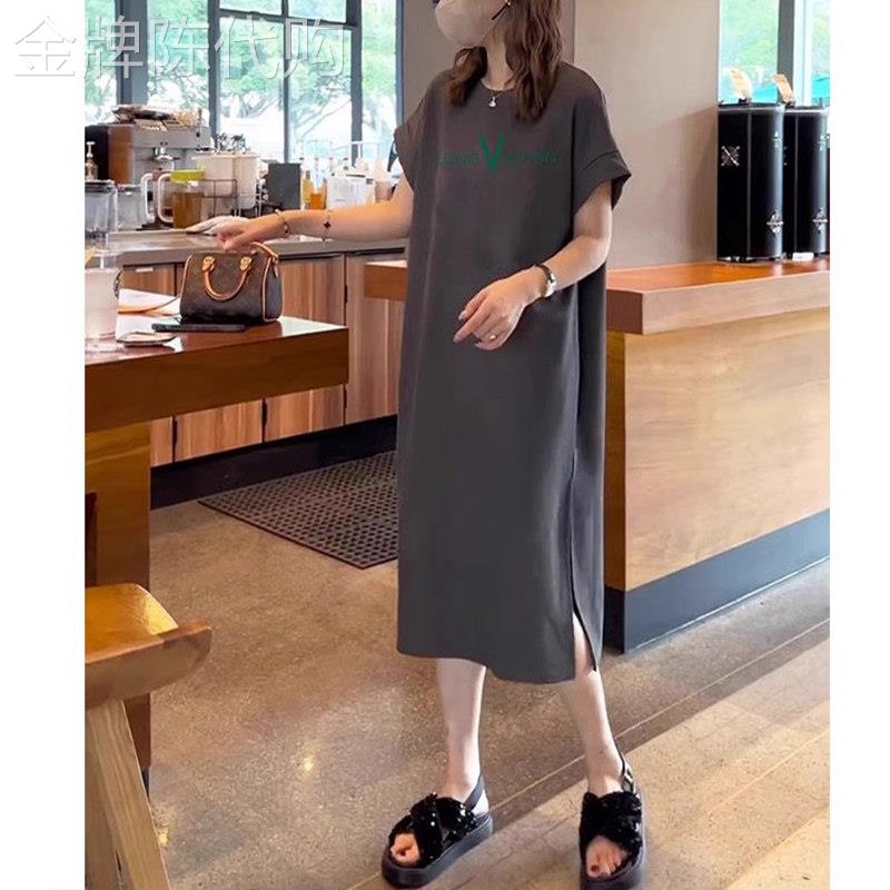 灰色短袖T恤裙女夏季宽松休闲慵懒开叉洋装大尺码中长版过膝长裙