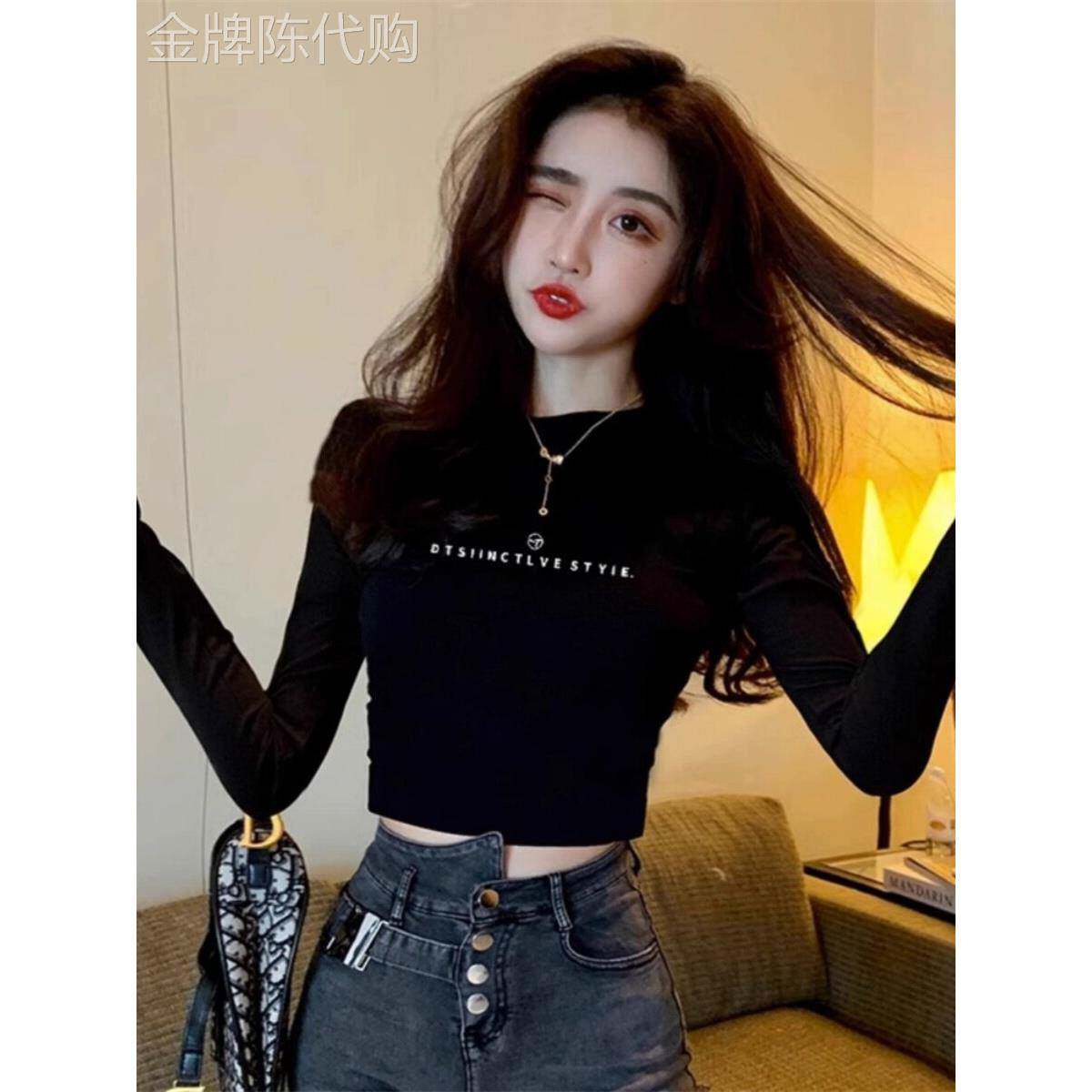 黑色长袖T恤女夏季2025新款洋气减龄紧身内搭打底衫短款辣妹上衣