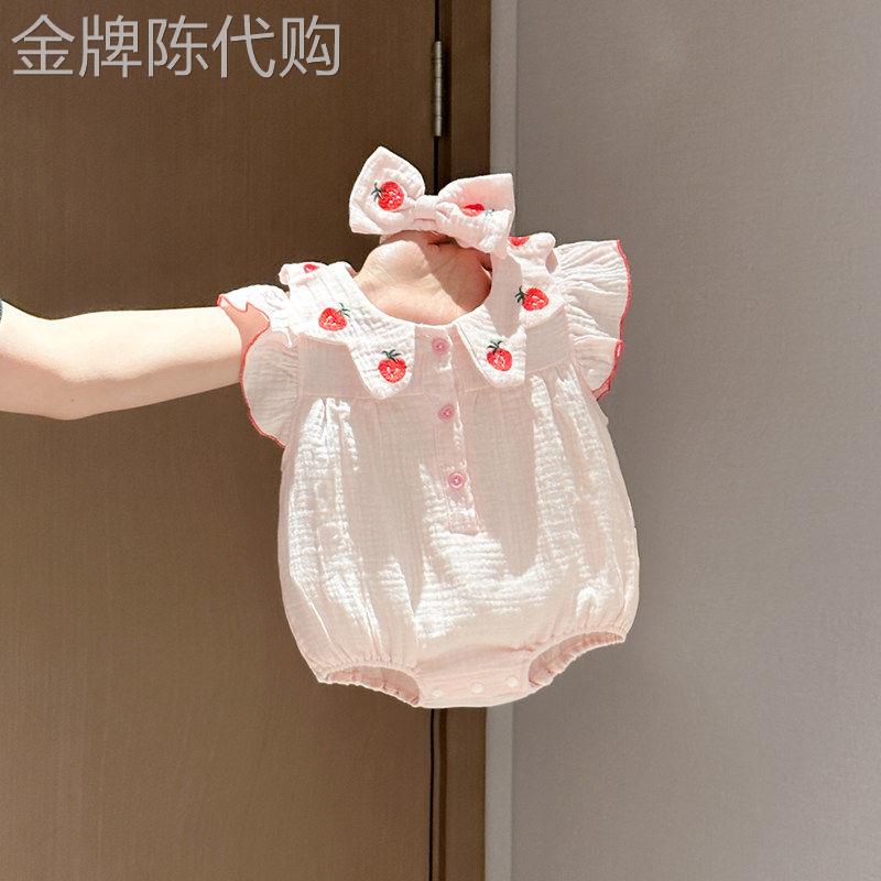 法国BADNUT甜美可爱风草莓印花包屁衣女宝夏季薄款荷叶边公主哈衣