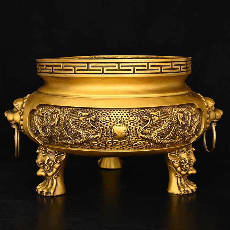 二龙戏珠铜香炉摆件大号狮耳三足环耳铜炉家用纯铜桌面佛堂室内