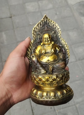招财弥勒佛铜像摆件莲花背光坐像