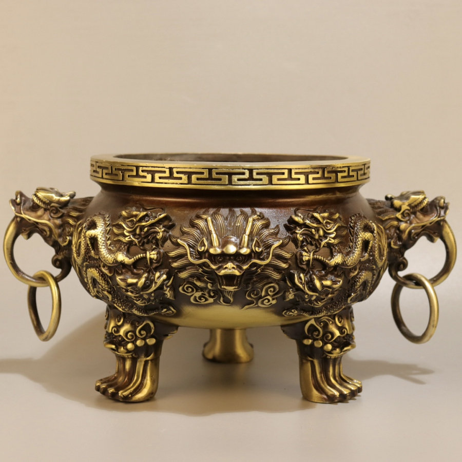 招财铜圆香炉摆件大号中式龙头三足烧香炉子家用佛堂用品大号中式