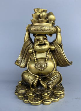 铜中式聚宝盆元宝弥勒笑佛摆件