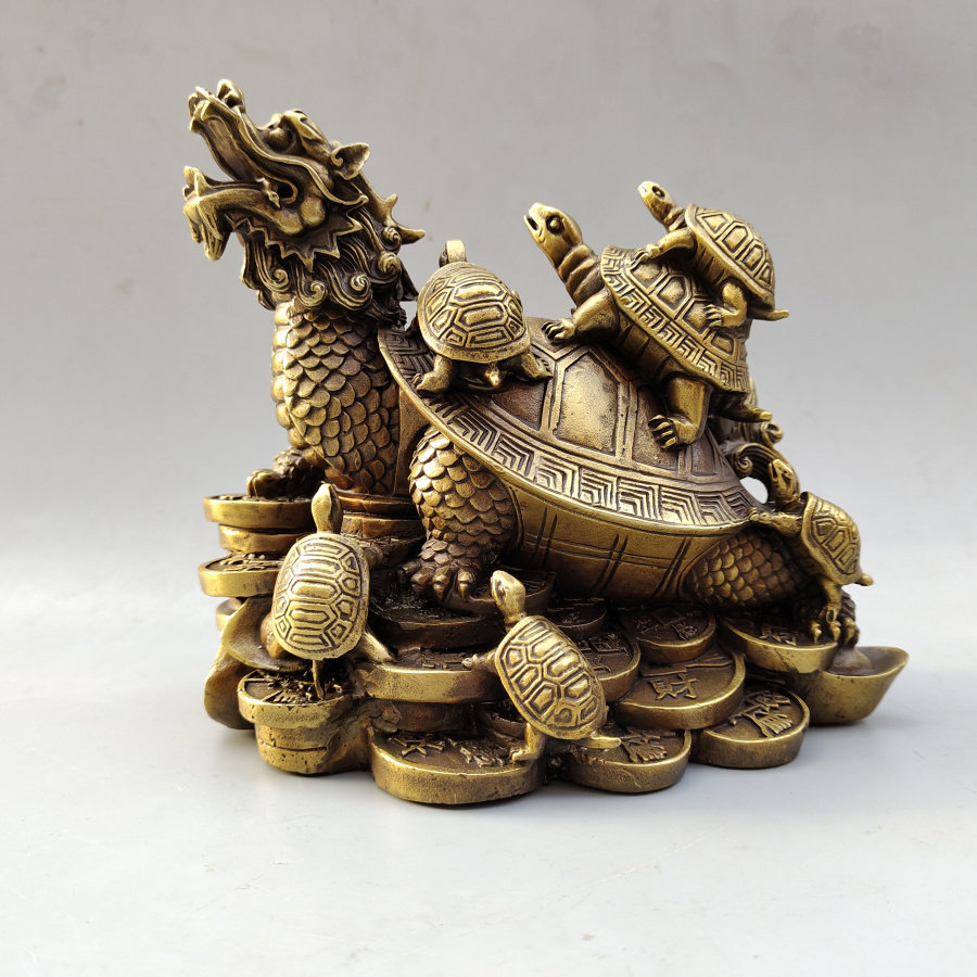 风水铜龙龟摆件纯铜元宝金钱龟八子九子九代龟上龟家居客厅招财