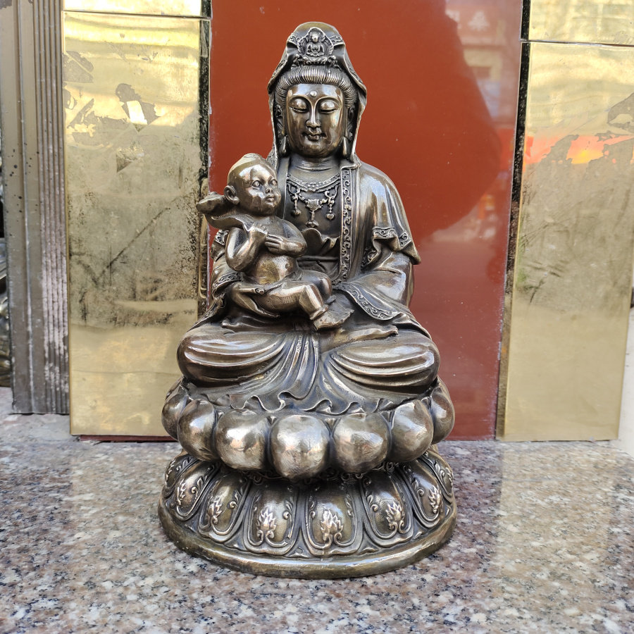 送子观音铜像摆件大号观世音菩萨坐莲如意童子仿古家居高30公分