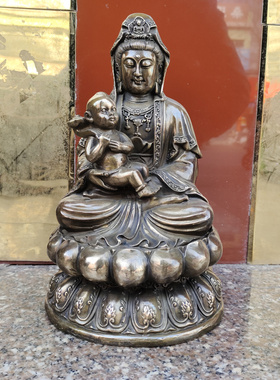 送子观音童子黄铜客厅佛像摆件