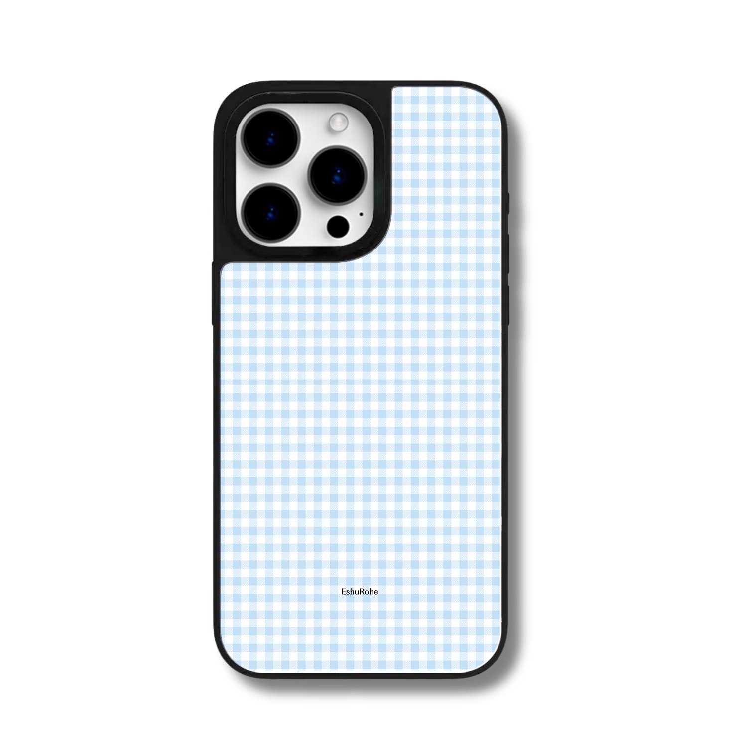 EshuRohe海盐格子纹韩式浅蓝色ins苹果iPhone16max高级感小众15pro新款磨砂14plus防摔指纹13手机壳12女款16e