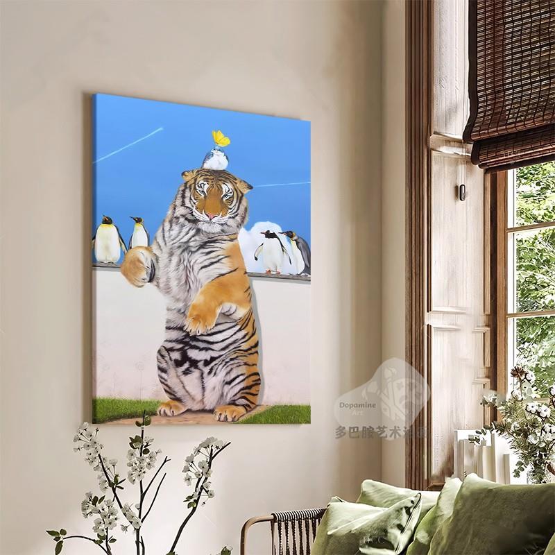 抽老虎纯手绘厅油象画IKL小众艺客装饰画卡通术动物美式现代玄关