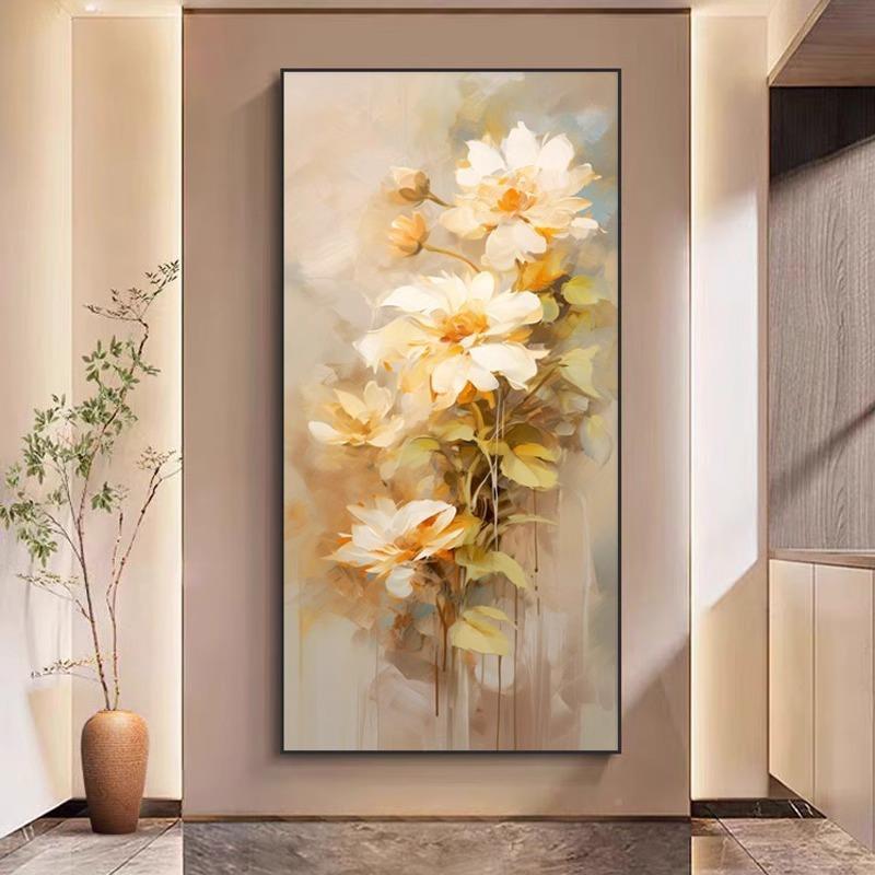 顺HFK丰纯色手绘油画蓝花卉玄关装饰画竖肌理画款走廊头过道尽壁