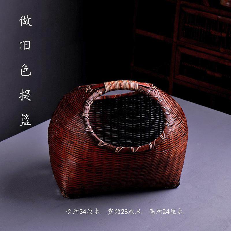 紫手ZDR工编水果提筐篮竹制品花篮旧做竹工艺品猫篮竹茶具收纳篮