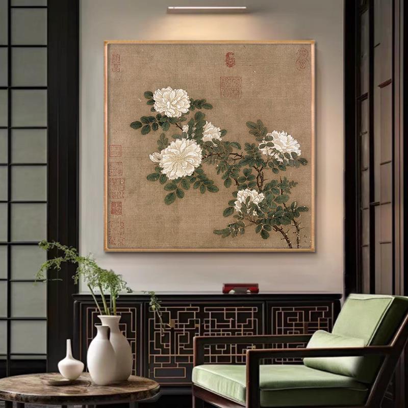 宋代名画国画李迪红白芙蓉图花卉卧室床头装饰画日式禅意牡丹挂画图片