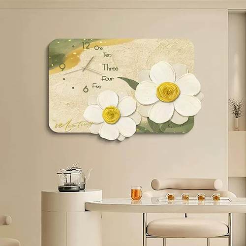 JHE奶风餐厅电表箱装饰画现代油简约郁金香带钟表免打挡挂画遮客