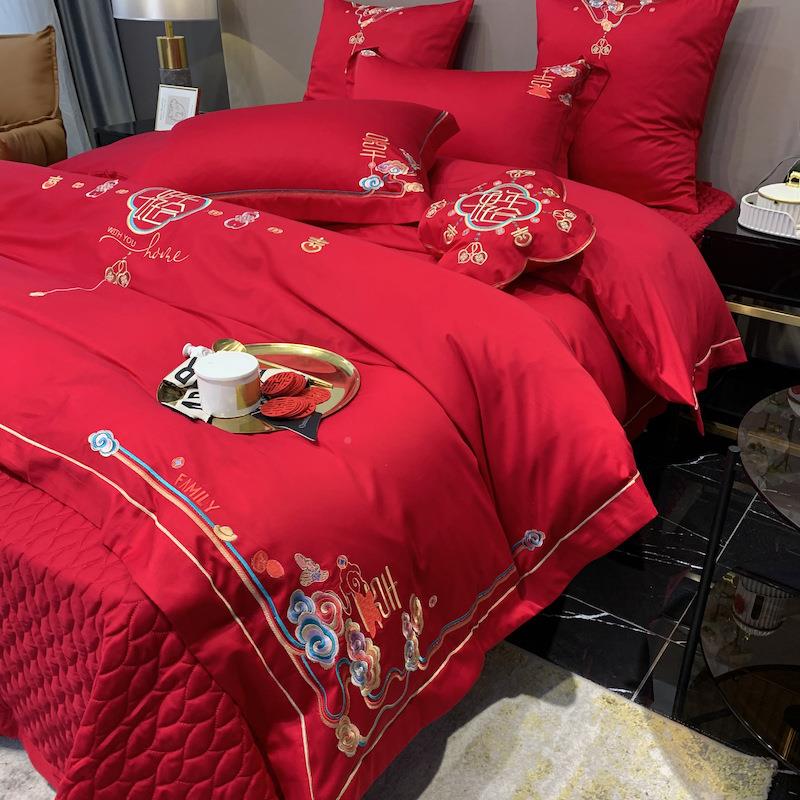 庆四件套婚嫁婚新婚红床品刺绣被套色结婚礼房婚婚床喜JL1023庆中
