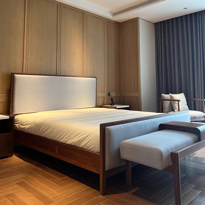 新中式美黑胡床桃木实木现代简约1无品牌/.8米双人大床婚样板床房