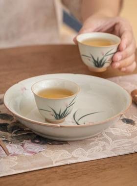 草木手OHX绘兰花壶承干泡件台壶垫储水式复陶瓷茶灰道配茶盘茶具