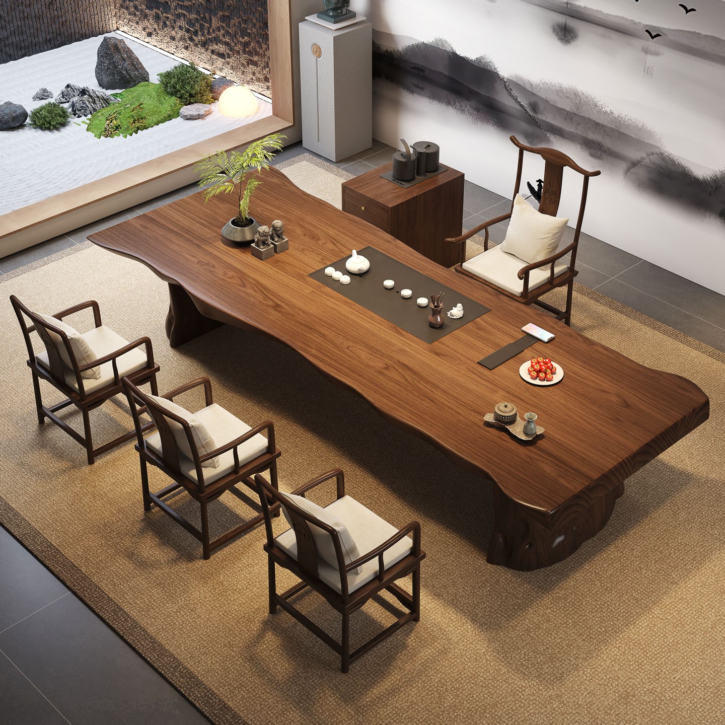 宋代美学全实木商业不规则大板茶桌椅组合接待桌会客办公泡茶台桌