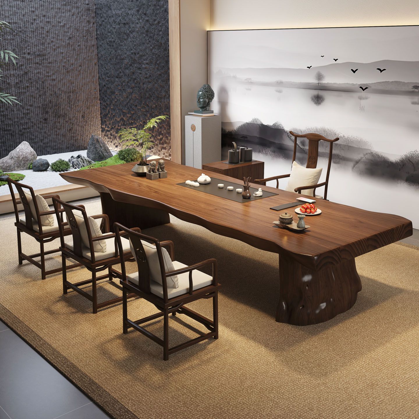 宋代美学全实木商业不规则大板茶桌椅组合接待桌会客办公泡茶台