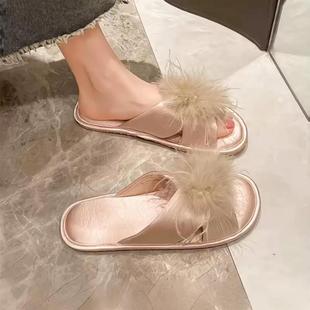 晨袍拖鞋毛毛红色兔毛凉拖居家室内外穿防滑静音结婚一字拖仙女鞋