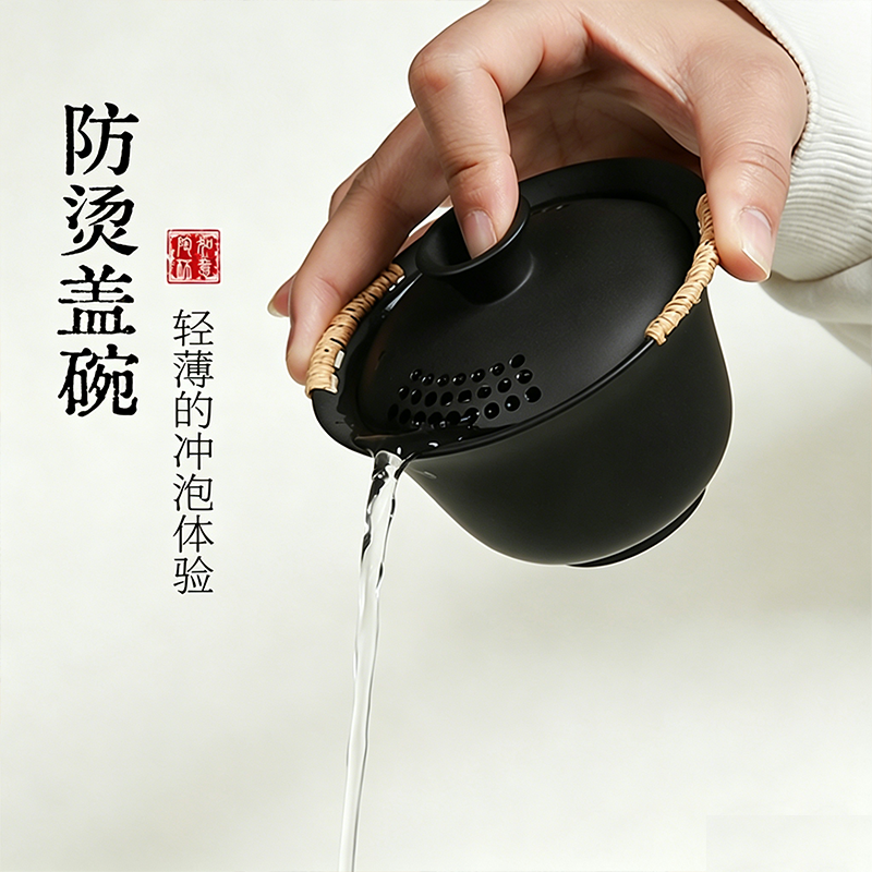 建水紫陶盖碗茶杯大号单个高档纯全手工薄胎不烫手抓功夫茶具套装